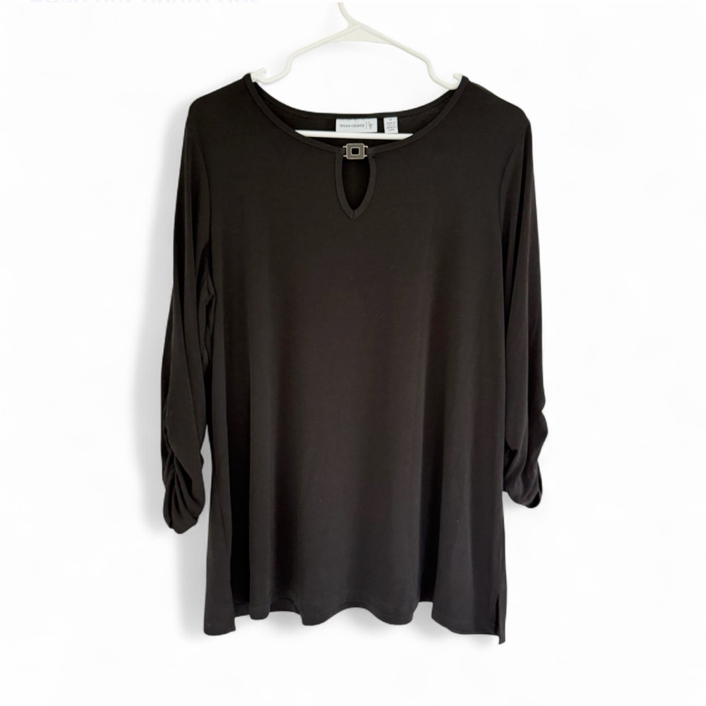 Susan Graver Women Black Liquid Knit Keyhole Blouse Size 1X Feminine Slinky